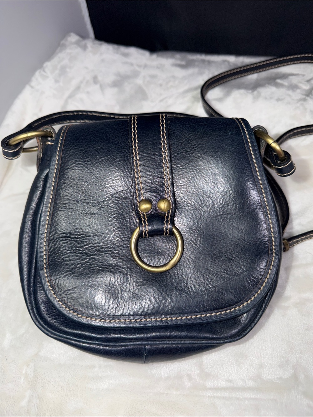 Floto Italian Leather Navy Blue Small Saddle Bag  Brass Hardware Made in Italy